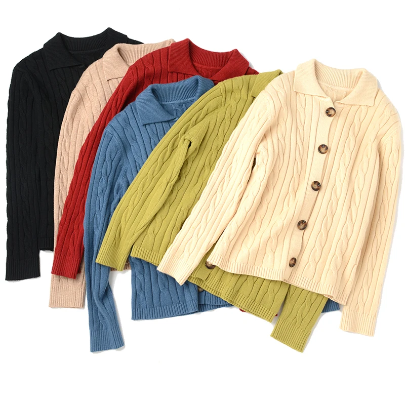 Fashionable Polo Neck Cable Knit Womens Knitted Sweater Cardigan factory