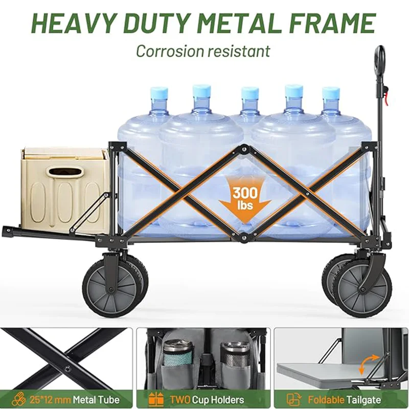 300 lb foldable utility car with tailgate with adjustable handle 200 L capacity portable cart Outdoor camping shopping cart