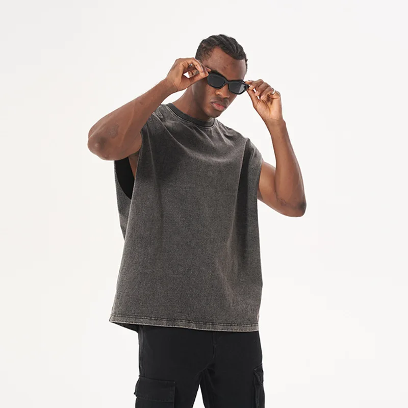 Men Washed Vintage Tshirt Vest  High Street Outer Washed Tank Top Sleeveless Streetwear Hipster Tank Top