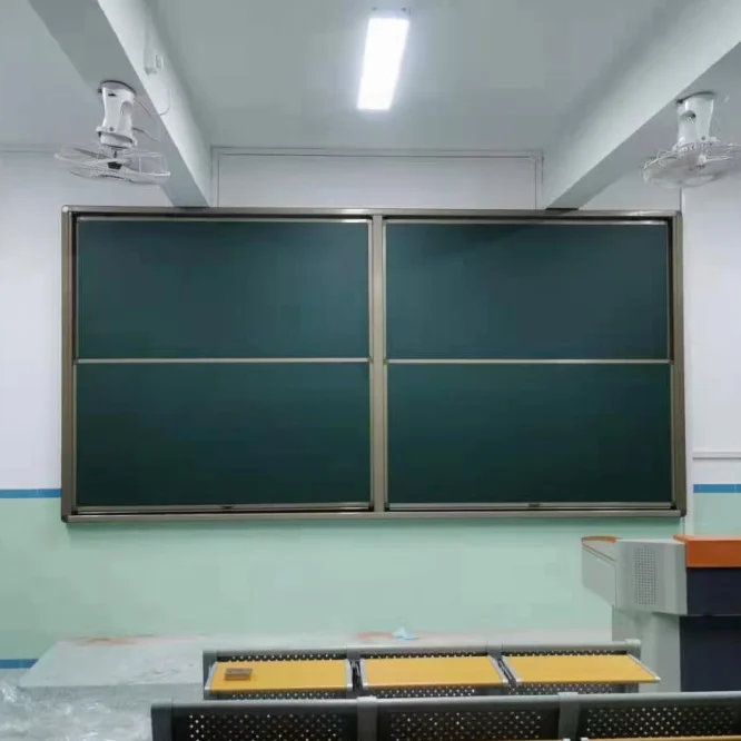 School classroom using students green chalkboard sliding magnetic whiteboard