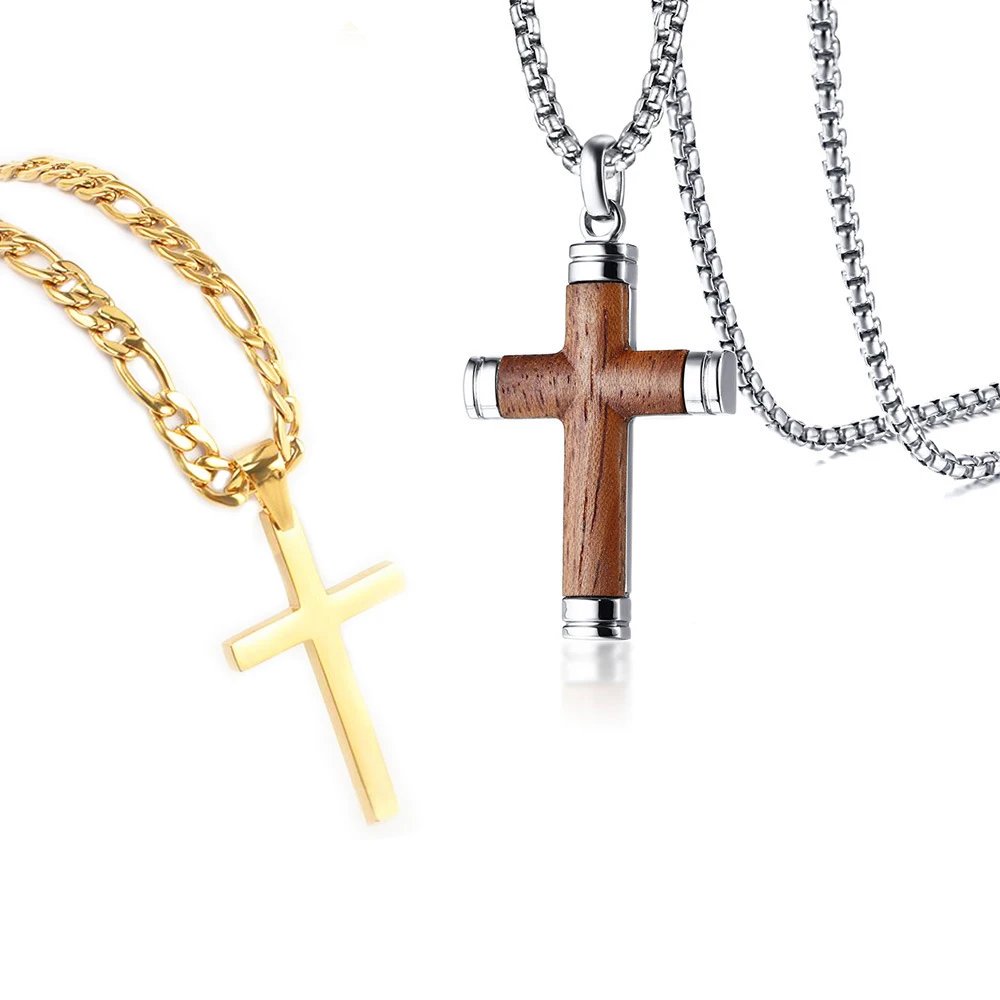 Energinox Wholesale Christian Jesus Rose Wood Inlay Stainless Steel Simple Plain Cross Pendant Necklace for Men 20 inches Chain