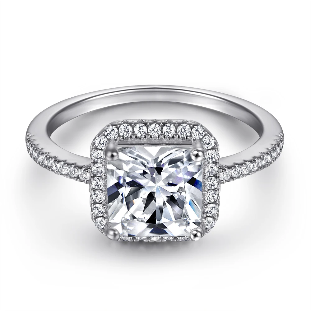 Classic Halo Ring Diamond Cubic Zirconia 8*8mm Prong Setting White Gold Colour Promise Ring  S925 Sterling Silver Ring