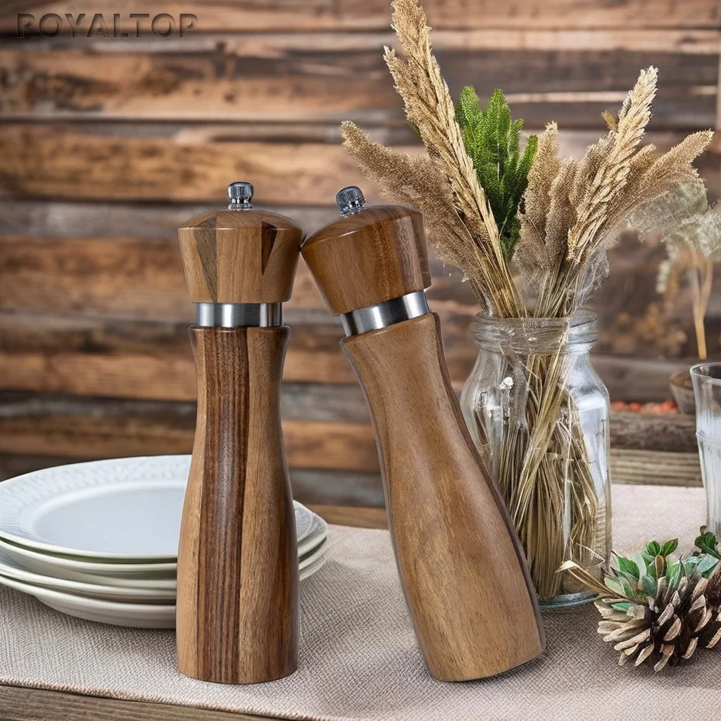 Kitchen Acacia Wood Manual Pepper & Salt Shaker Wooden Salt and Pepper Grinders 8 Inch Black Pepper Mill with Custom Gift Box