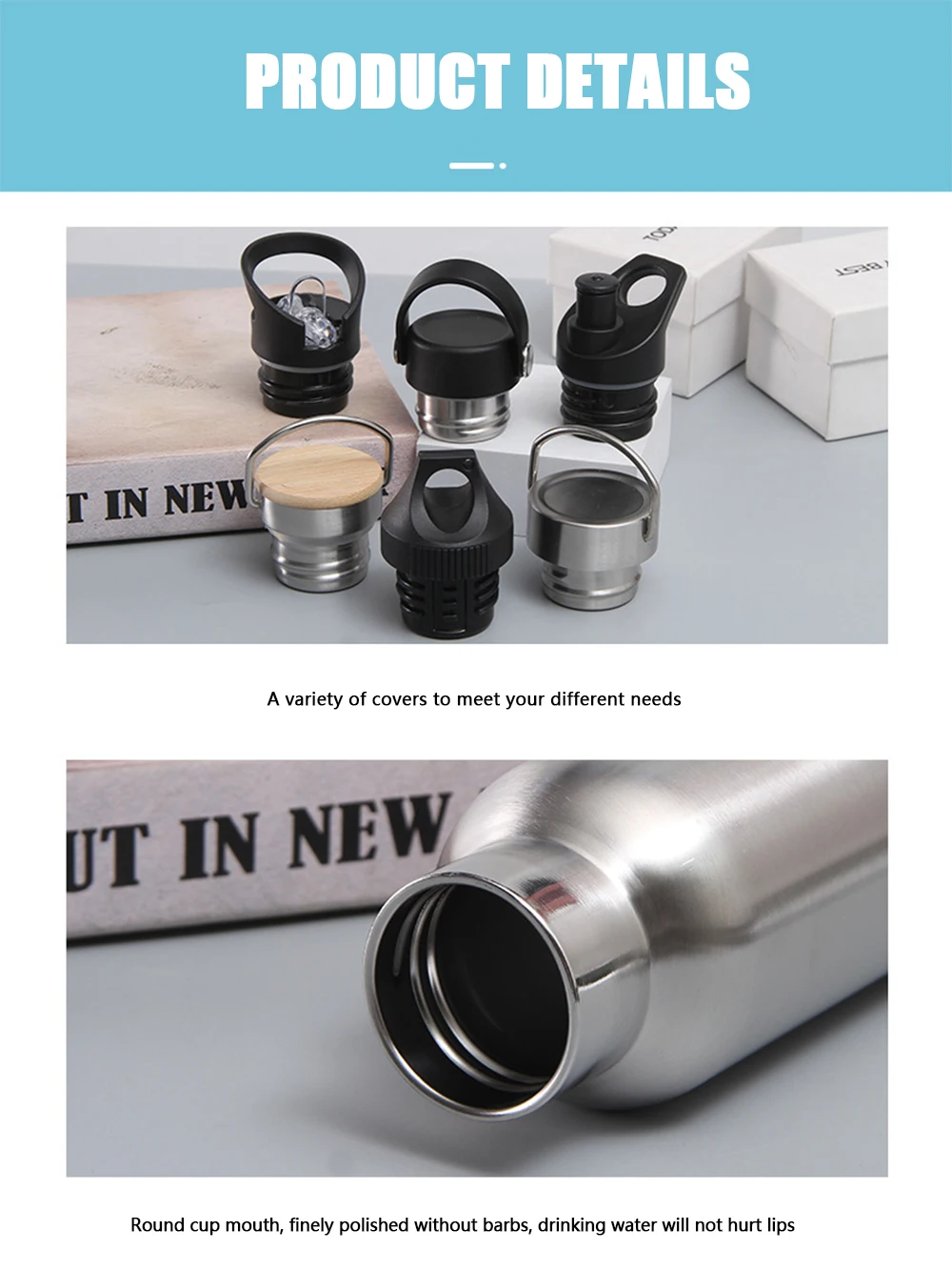 Sport Water Bottles With Seal Bamboo Lid 500ml 750ml Wide Mouth Stainless Steel Double Walled Vacuum Flask Insulated waterbottle