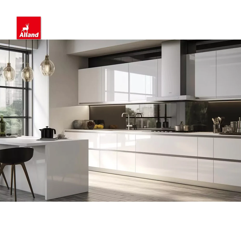 AllandCabinet Good Price Modern Style White High Gloss MDF Plywood Kitchen Cabinet with a Waterfall Quartz Countertop Island