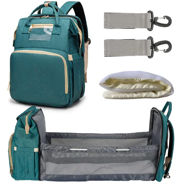 Custom 3 in 1 diaper backpack foldable baby bed changing station baby bag portable crib outside with cooler pocket