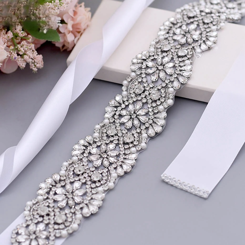 New silver Claw And Crystal Pearl Embellished Sash Trim Stone Rhinestones Appliques For Bridesmaid Dress Belt