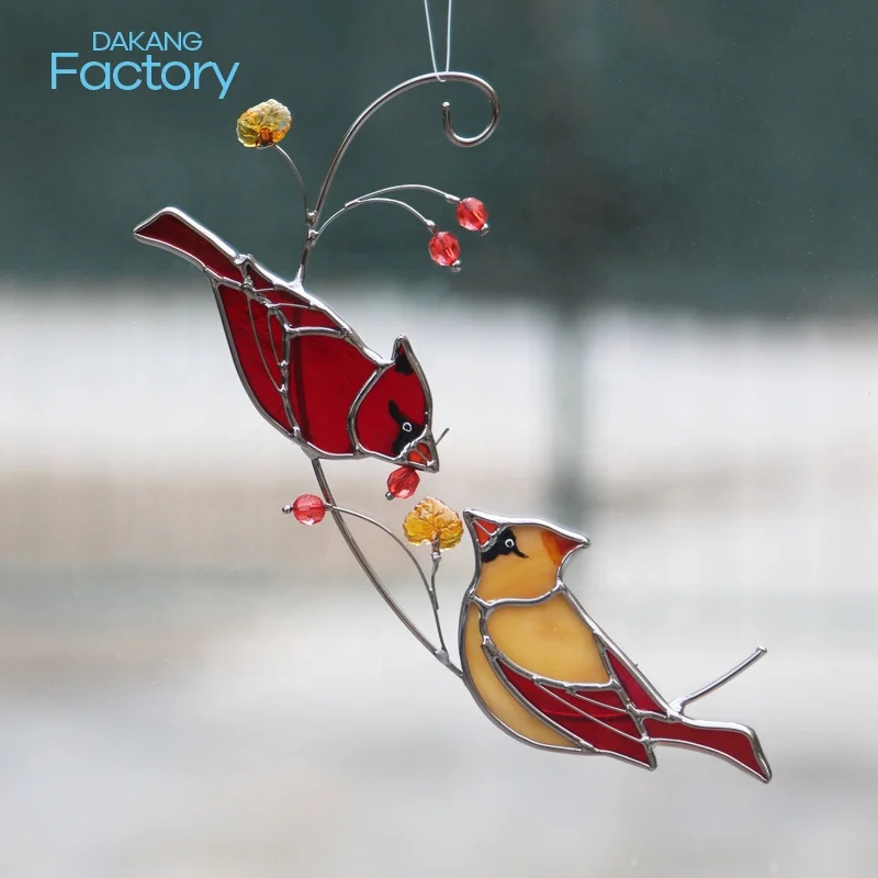 Stained Glass Birds Window Hangings Pair of Cardinal Suncatcher Ornament Handmade Tiffany Style Glass Crafts Suncatcher pendants