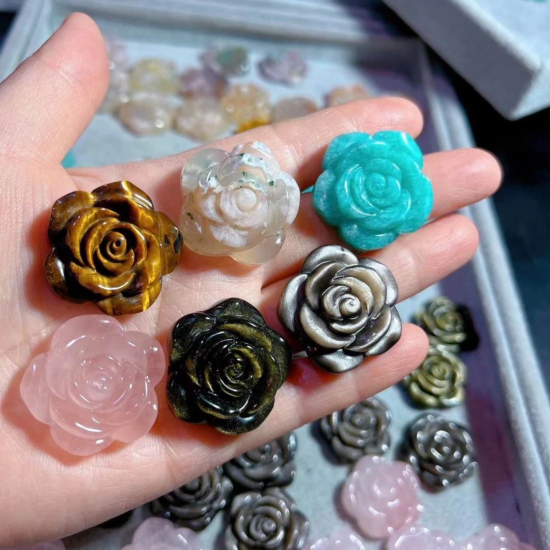 3CM Natural crystal healing pink blue tiger eyes crystal flower carving reiki amethyst Flower for gifts