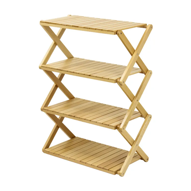 Hot Selling Products Outdoor Furniture Natural Portable Folding Wood 4 Tier Shelf Camping