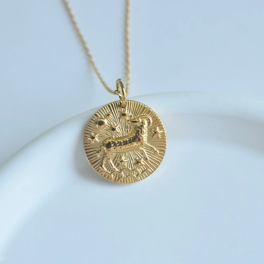 Women Birthday Gift Stainless Steel Medallion Zodiac Pendant 18K Gold Jewelry Minimalist Zodiac Necklace Horoscope Necklace