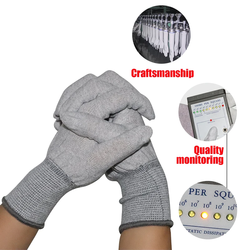 Esd glove cleanroom anti-static fiber white finger nylon antistatic polyester anti static carbon top fit pu coated esd glove