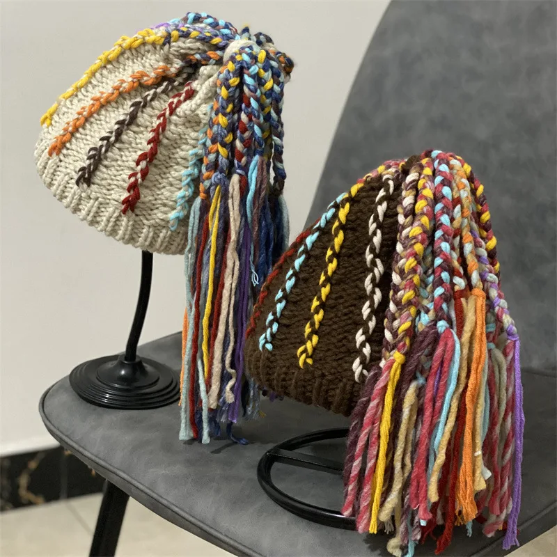 Winter Trendy Dreadlock Hip Hop Knitted Beanie Caps Braided Wigs Colorful Yarn Warm Crochet Hat