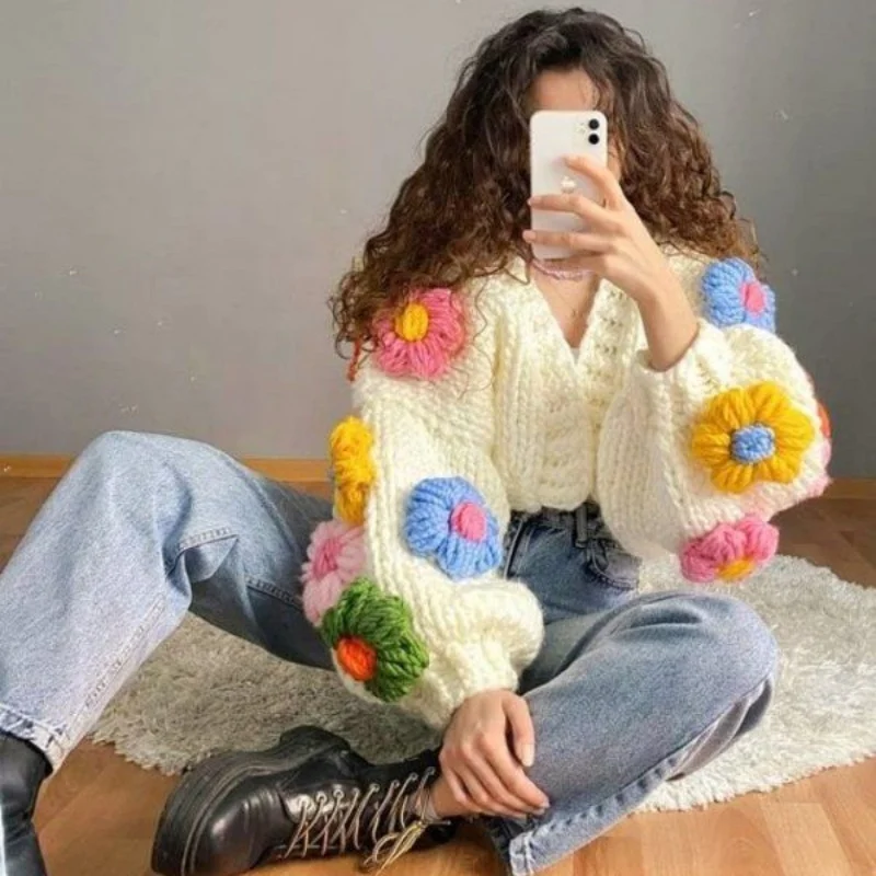 Wholesale Hand Knitted Cardigan Womens Winter Handmade Flower Chunky Sweater Coat Women Lantern Sleeve Sweater Cardigan
