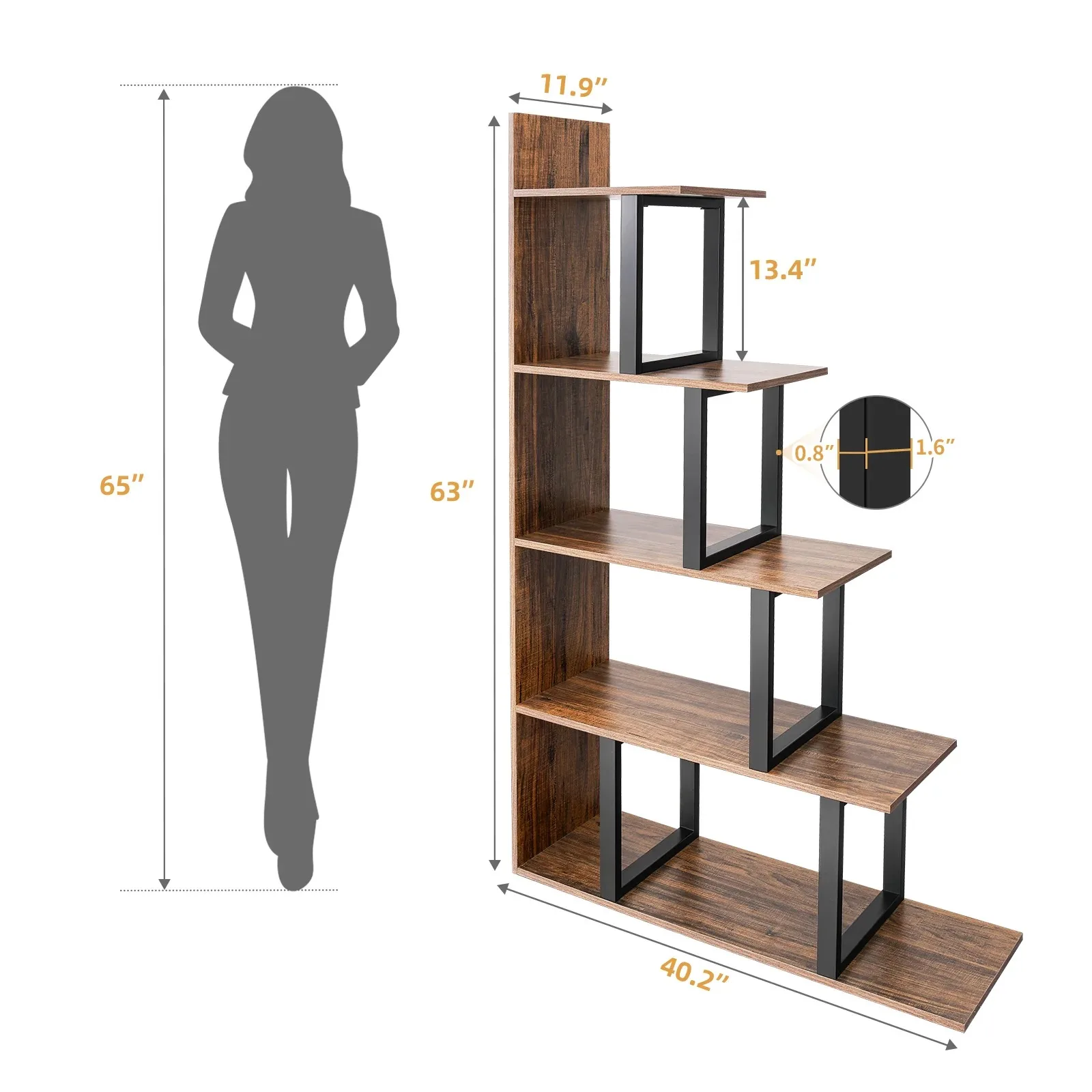 Living Room Modern Steel Wood Bookcase Storage Display Shelf Freestanding Ladder Etagere Bookcase