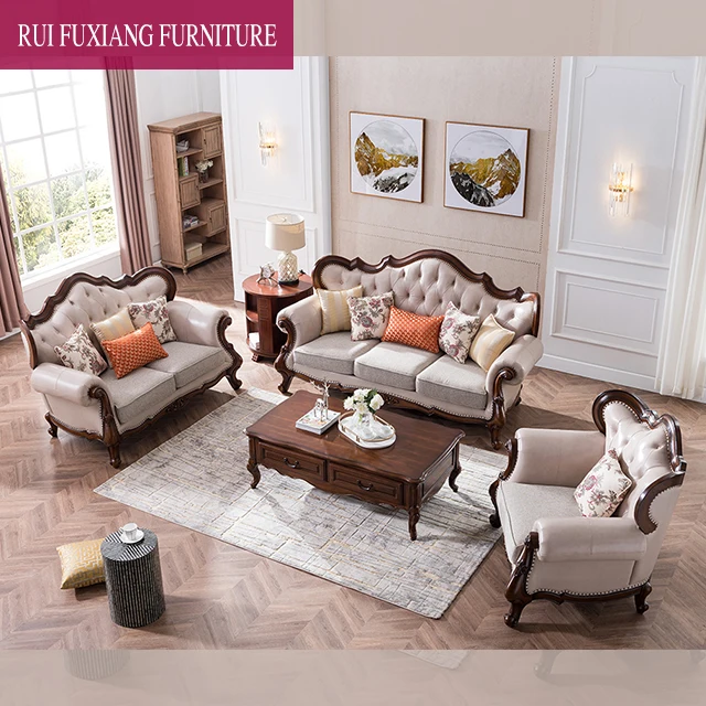 N351 American Classical Style Wedding Sofa Solid Wood Leather Sofa Set