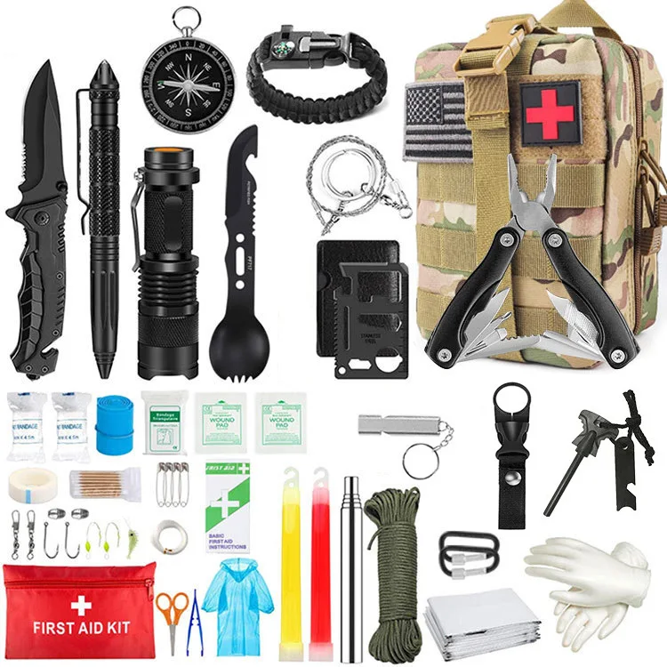 Pliers Tactical Pen Flashlight Compass Hiking Climbing Emergency Survival Kit 13 In 1 Survival Gear Tool bag