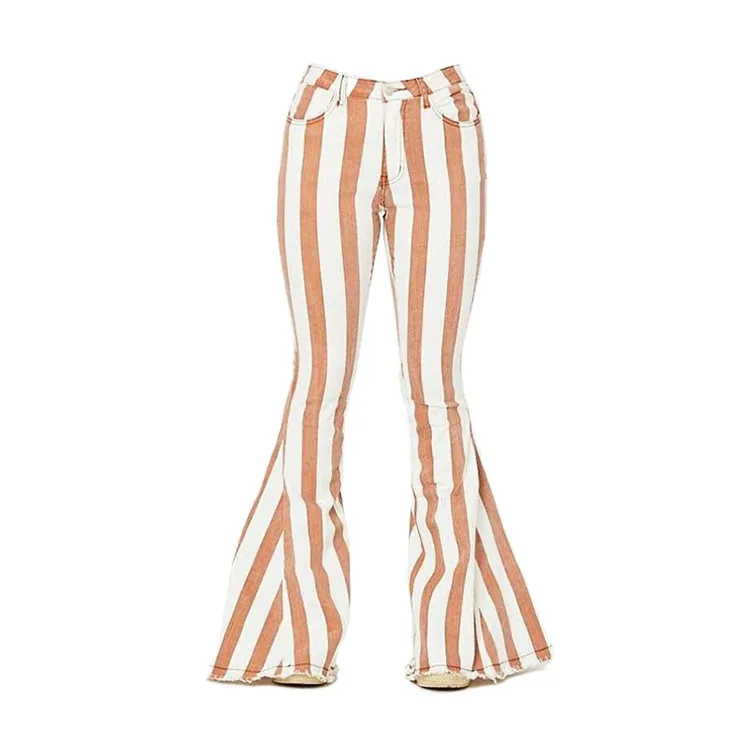Latest Vertical Striped Pattern Design Women Striped High Waisted Wide Leg Culottes Orange Striped Ladies Bell-bottom Trousers