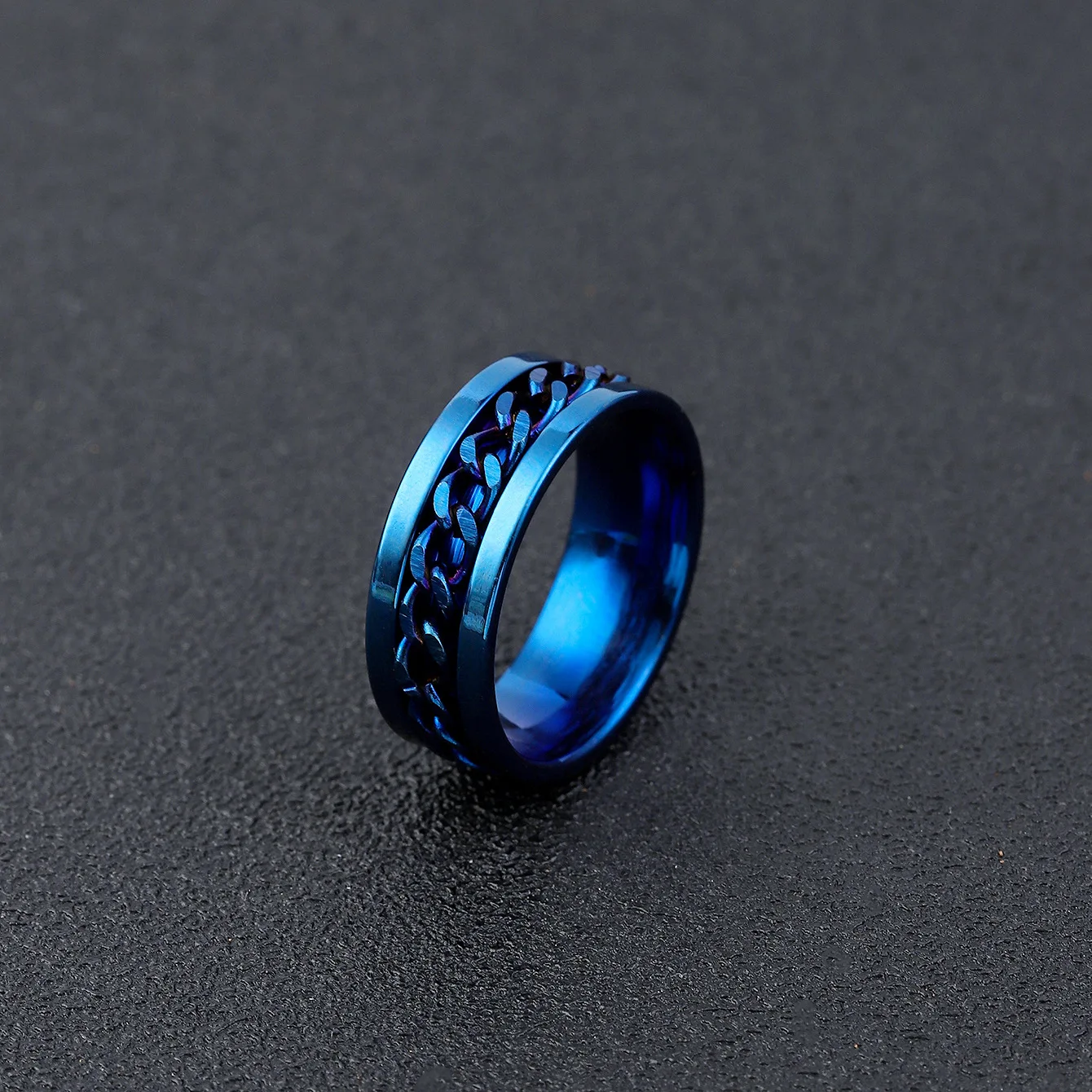 Rotate Rotating Anxiety Ring For Men Titanium Stainless Steel Chain Spinner Finger Ring Blue Black Punk Rock Hippie