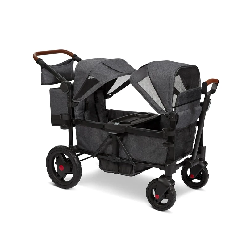 Collapsible Steel Outdoor Utility Wagon Stroller 2 Seater with Low Sides Platform Double Baby Wagon Stroller for Kids