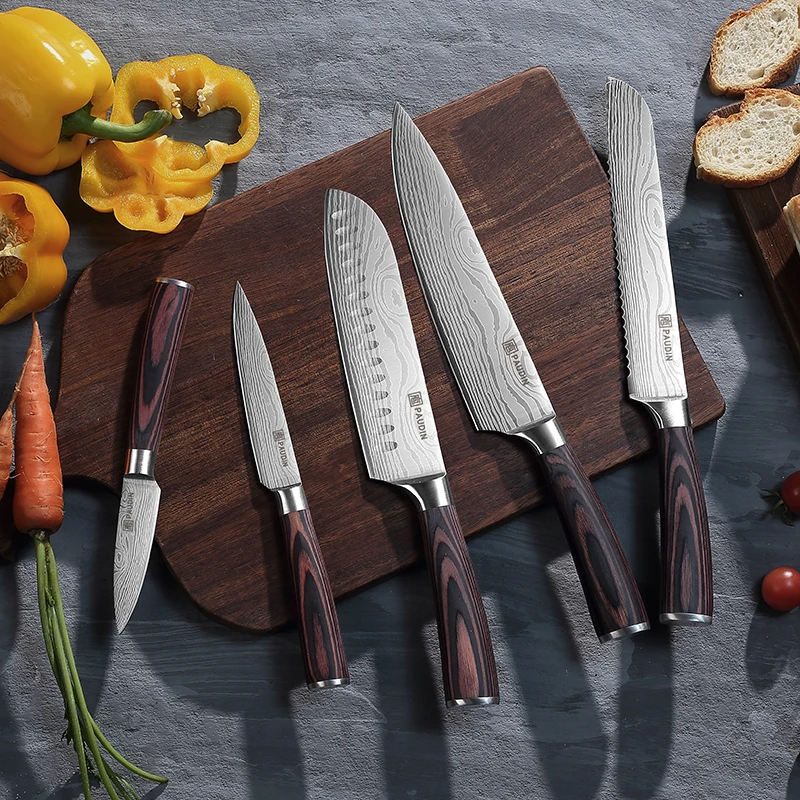 Professional Custom 5PCS Ultra Sharp Stainless Steel Blade with wooden handle Kitchen Knives Set Utility Chef Knife