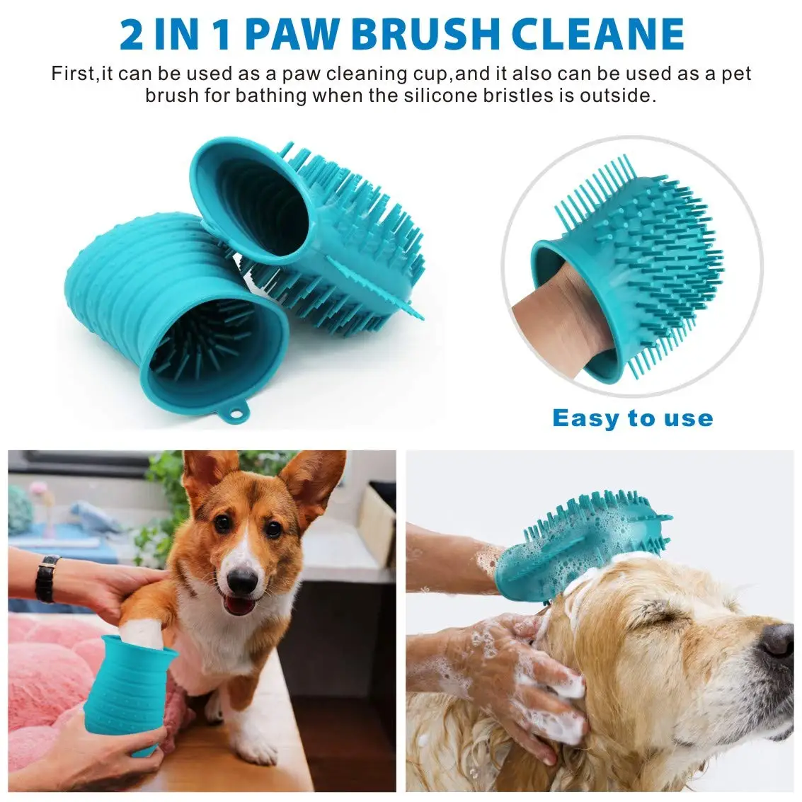 Blue Green Dog Paw Cleaner Cup Bathing Brush 2 In 1 Portable Pet Foot Cleaner Silicone Grooming Paw Washer For Medium Large