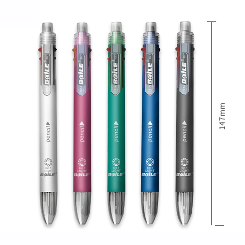 6 In 1 Multicolor Ballpoint Pens 5 Colors Ball Pen 1 Automatic Pencil With Eraser For School Office Writing Supplies Stationery