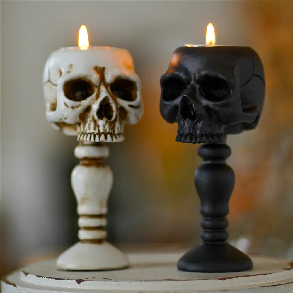 Vintage skull head wax candle holder Halloween resin pedestal tealight candleholder decoration