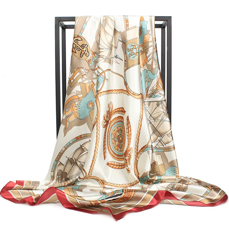 Factory OEM Fashion Foulard Shawl Scarfs Big Size 90*90cm Square Hair Head Scarves Satin Silk Scarf