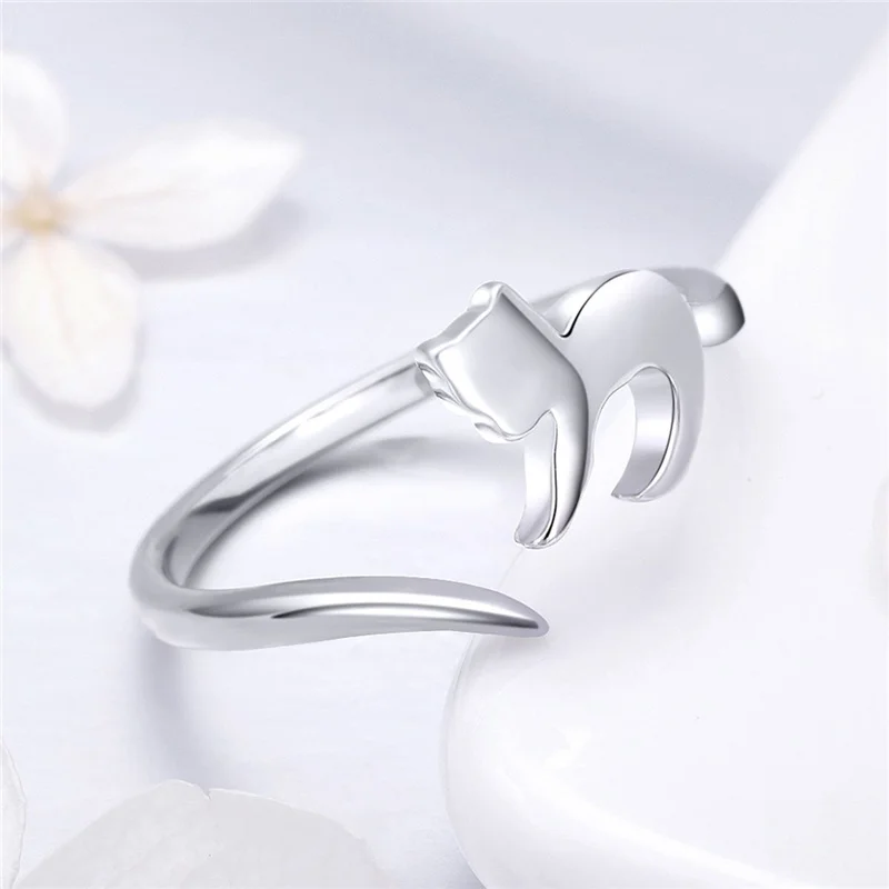 925 Sterling Silver Jewelry Animal Naughty Cat Open Ring For Women