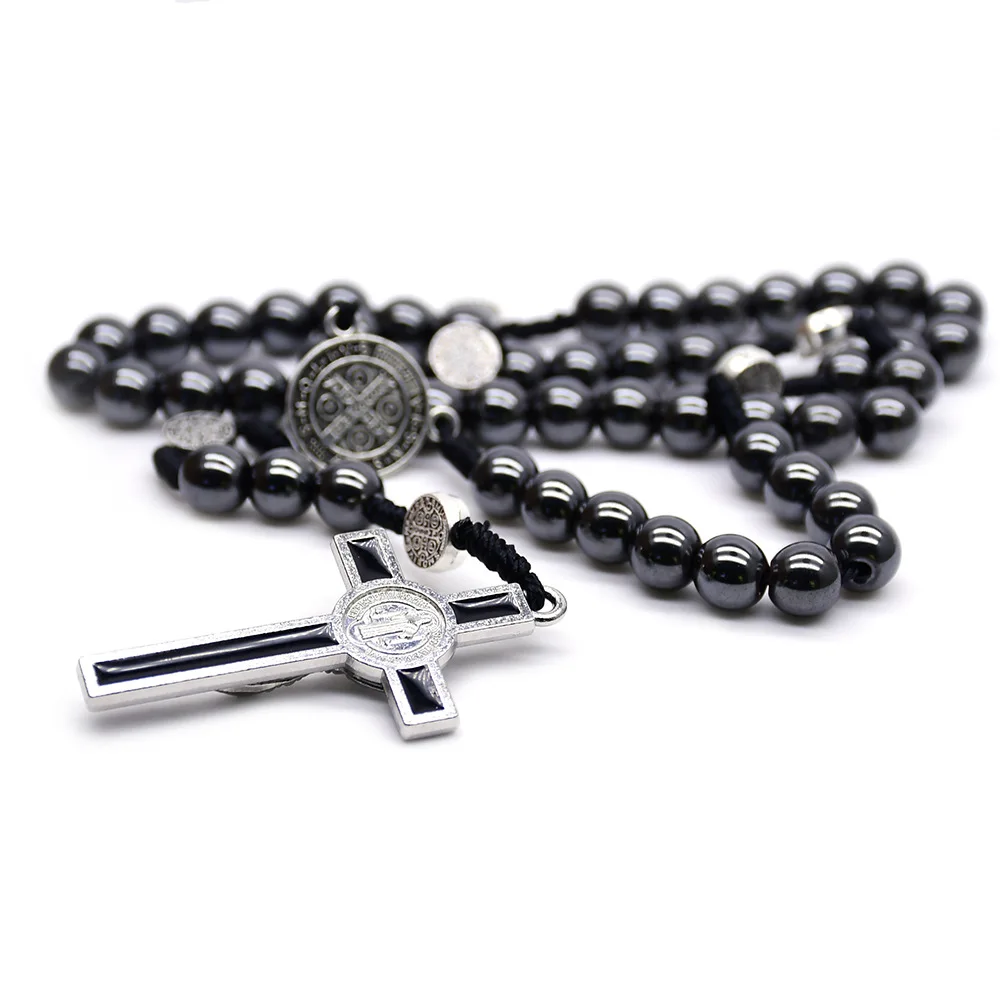 Wholesale Rosary Rope Knotted 8mm beads Catholic Necklace Hematite Beaded Necklace Rosaries for Blessing Church Items