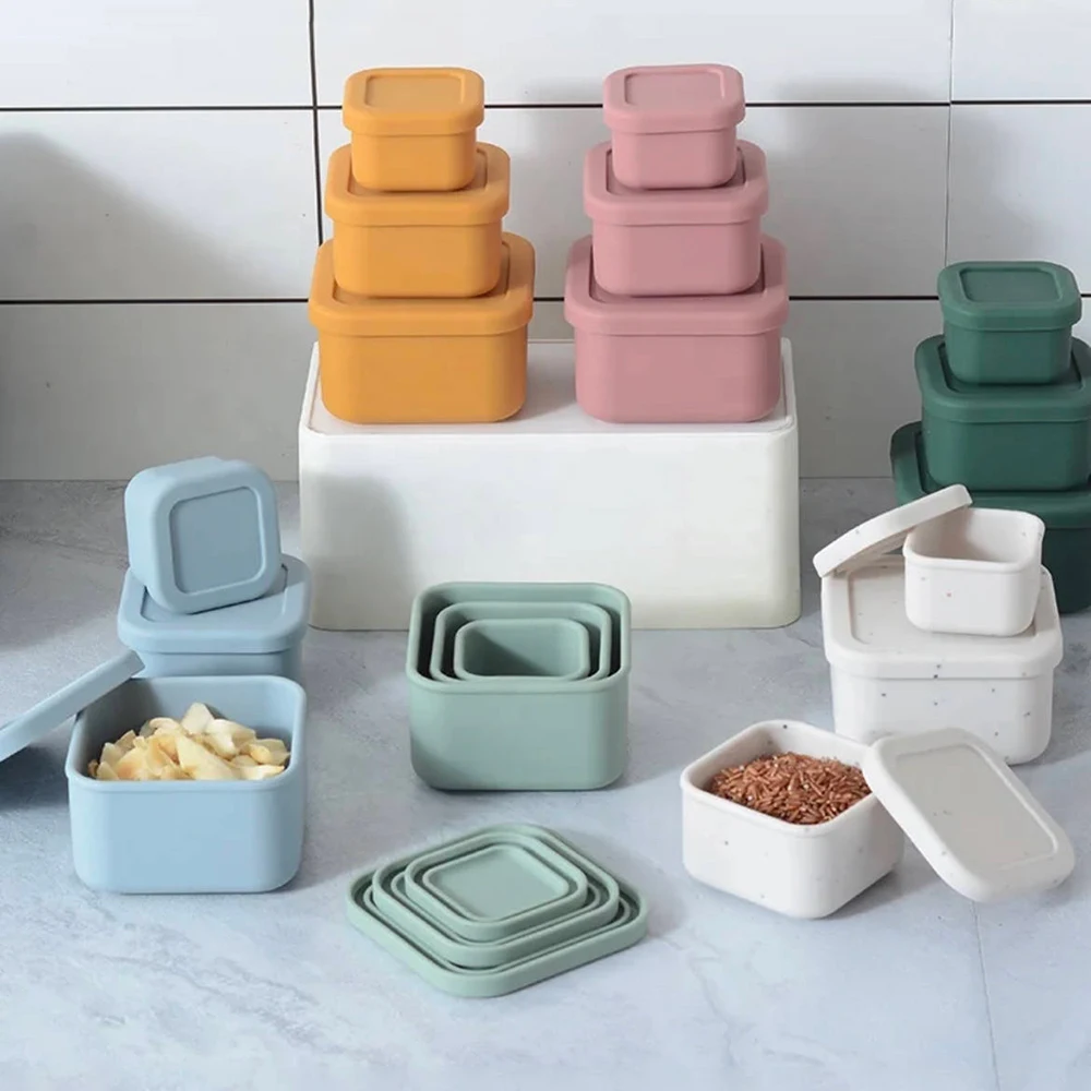 Eco Friendly Leak-proof Dishwasher Silicone 1 Compartment Square Lunch Box Set for Toddler 3 Pcs Blue Silicone Container CN;GUA