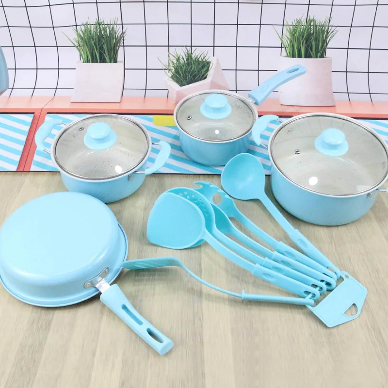 Factory high quality gift cast iron Non Stick Multiple colors Kitchen utensils frying pan soup stock pot cookware Set