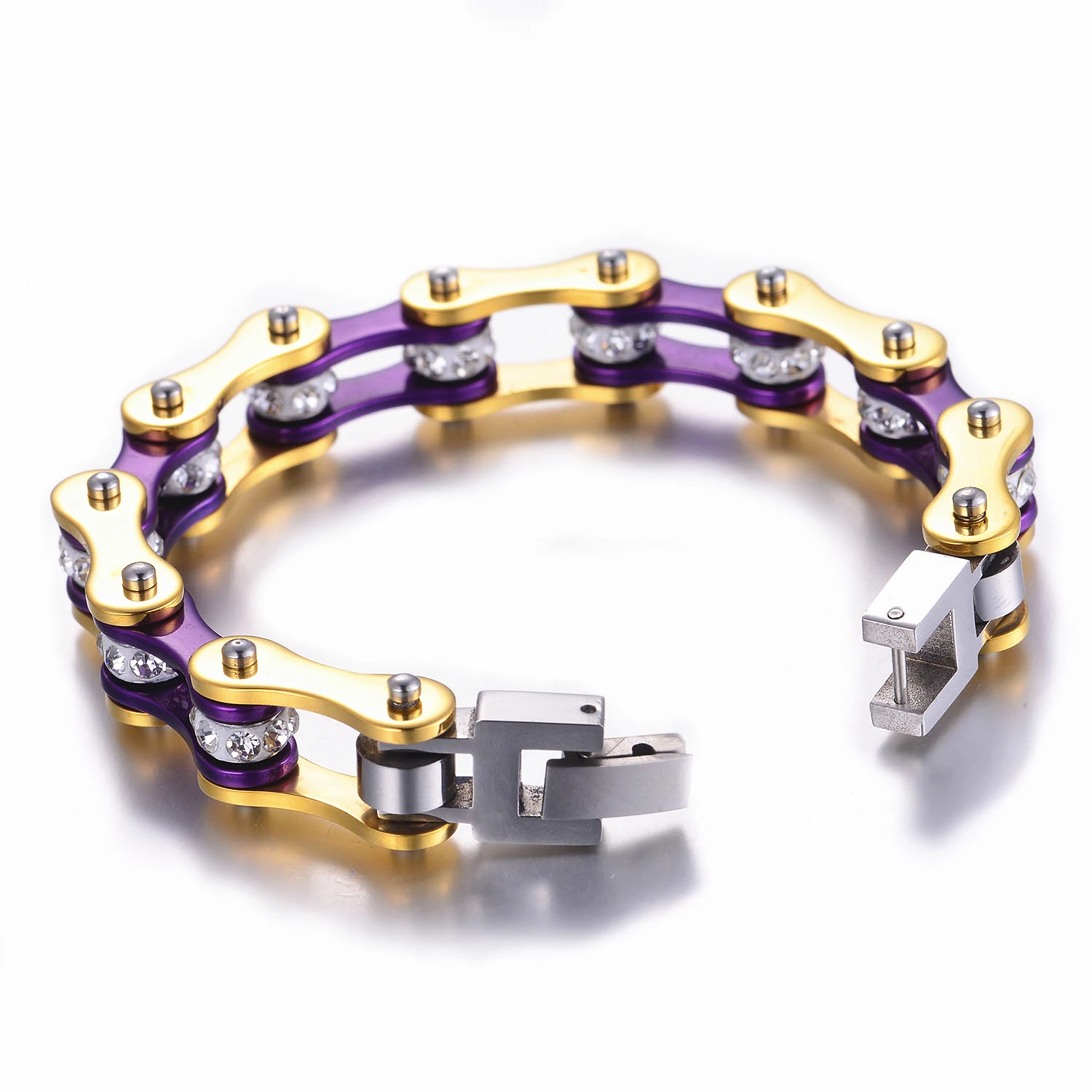 Motorcycle Chain Ladies Bling Bracelet Gold & Purple Color Link Chain 316 Stainless Steel Bicycle Biker Bracelet