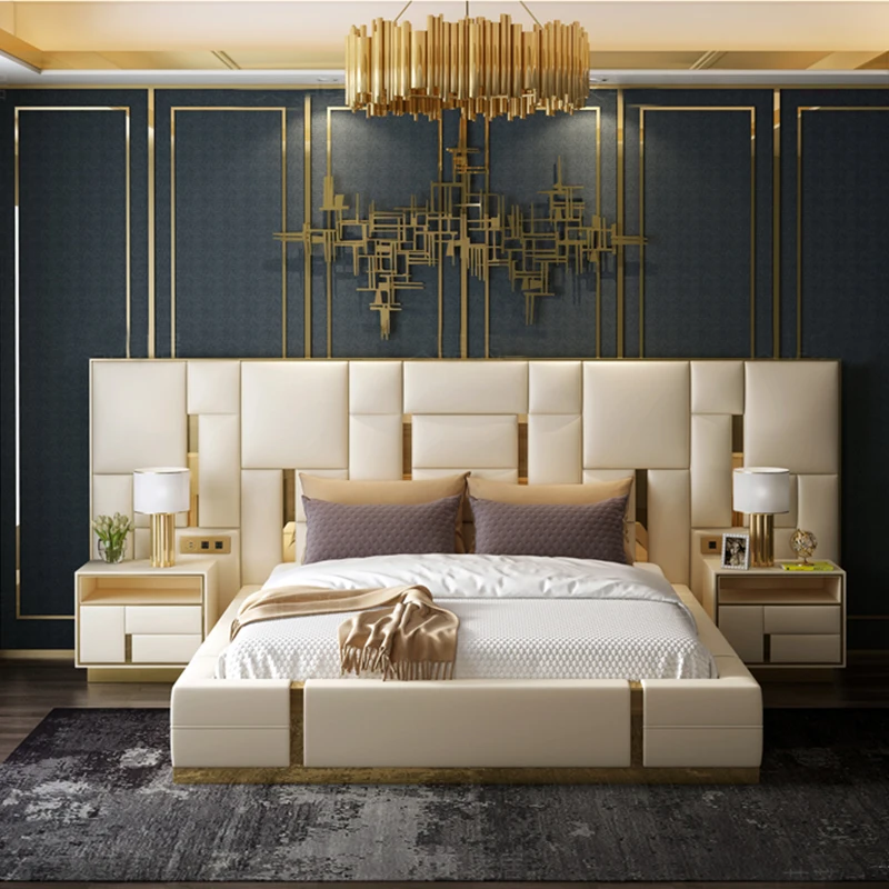 Modern large double king bed frame luxury master bed set bedroom furniture on sale