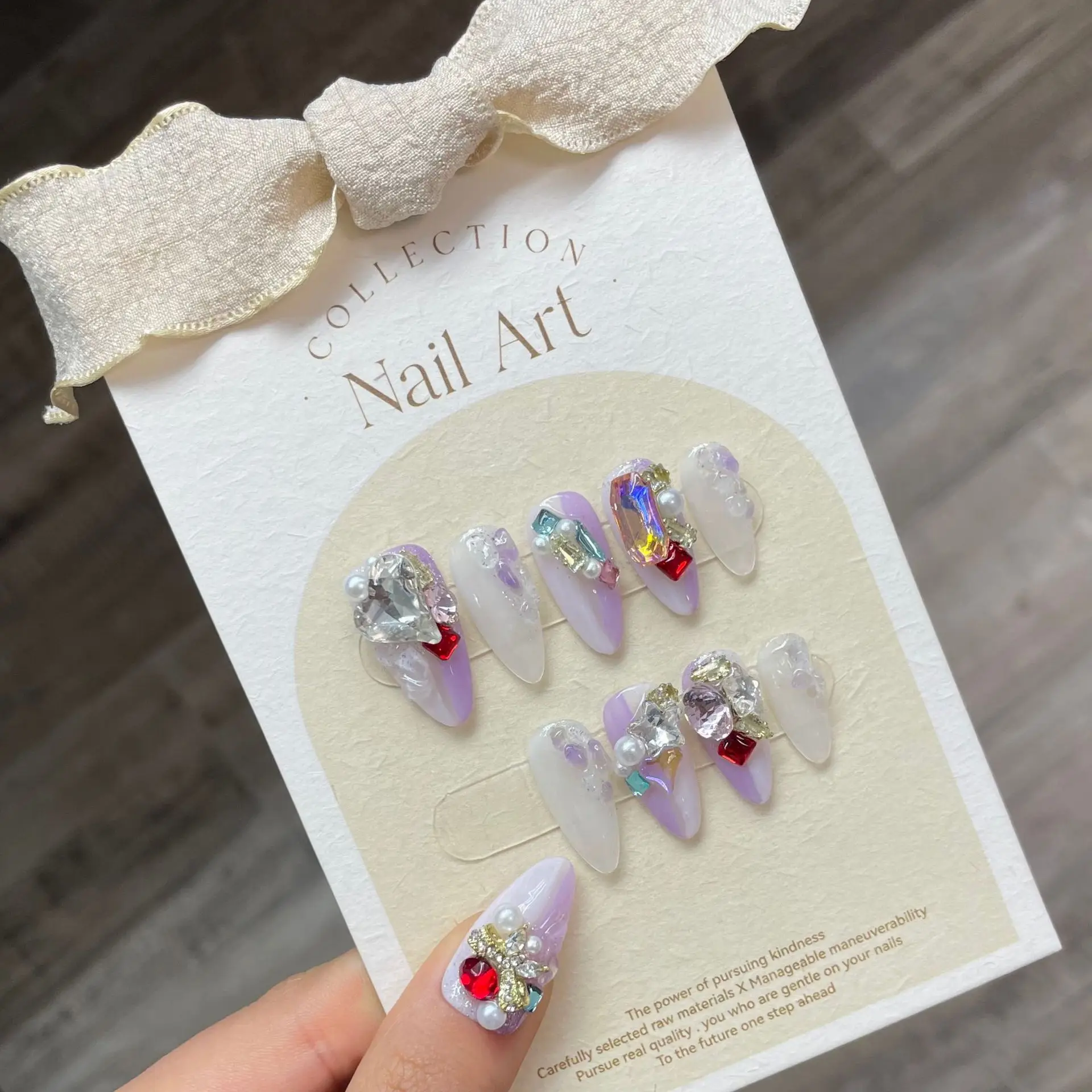 Handmade Luxury Gem Crystal Rhinestone Diamond Almond Long Press On Full Cover Long Clear Designer False Nails Kit For Beginners