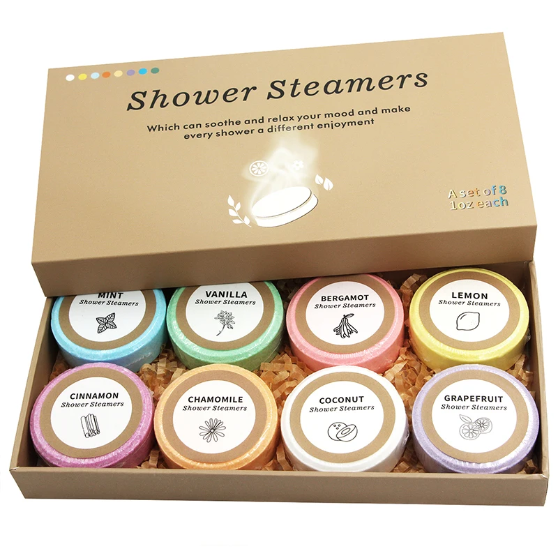 Muran oem Eco-friendly Package lavender Shower Steamers Tablets Set 8pcs Fatigue Relief Essent Oil Aromatherapy Shower Steamers