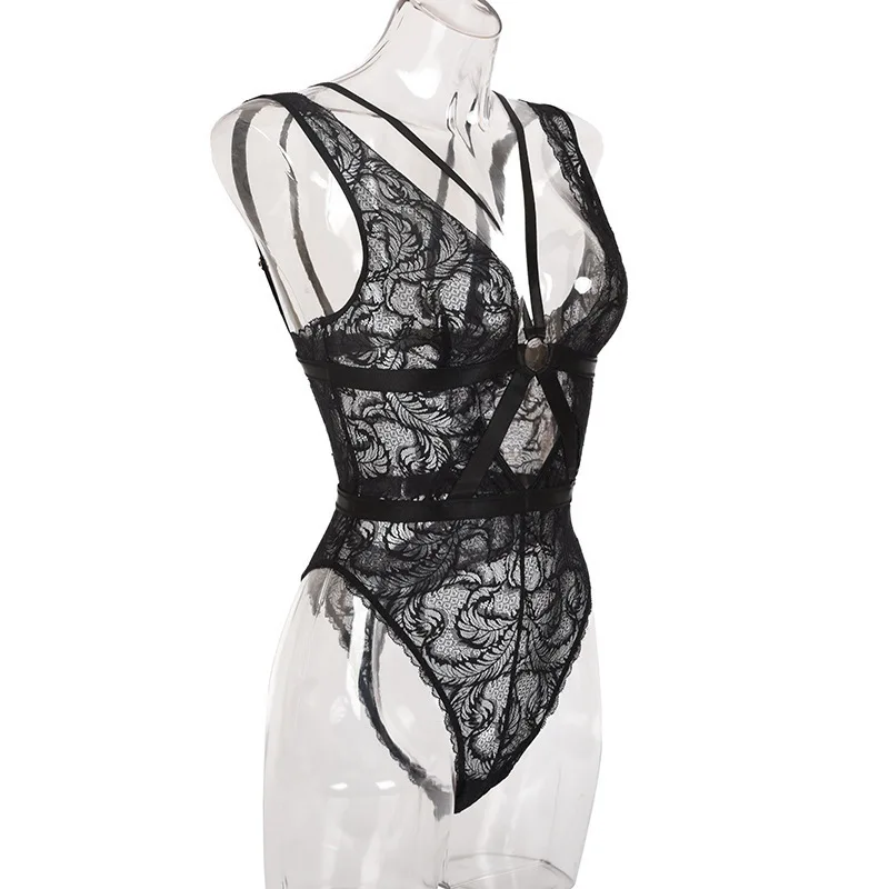 Deep Love Plus Size XL-4XL Sexy Lace Secretary Bra Lace Jumpsuit Lingerie