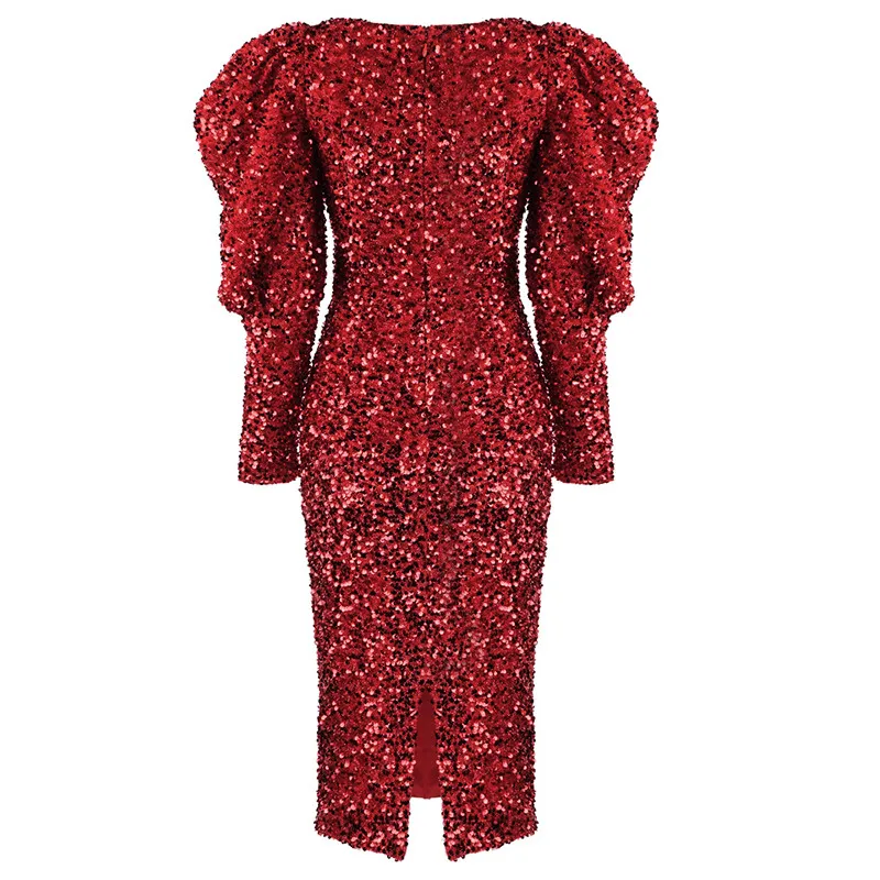 A4577 Elegant Black Red Square Collar Sequin Ladies Puff Sleeve Midi Dress