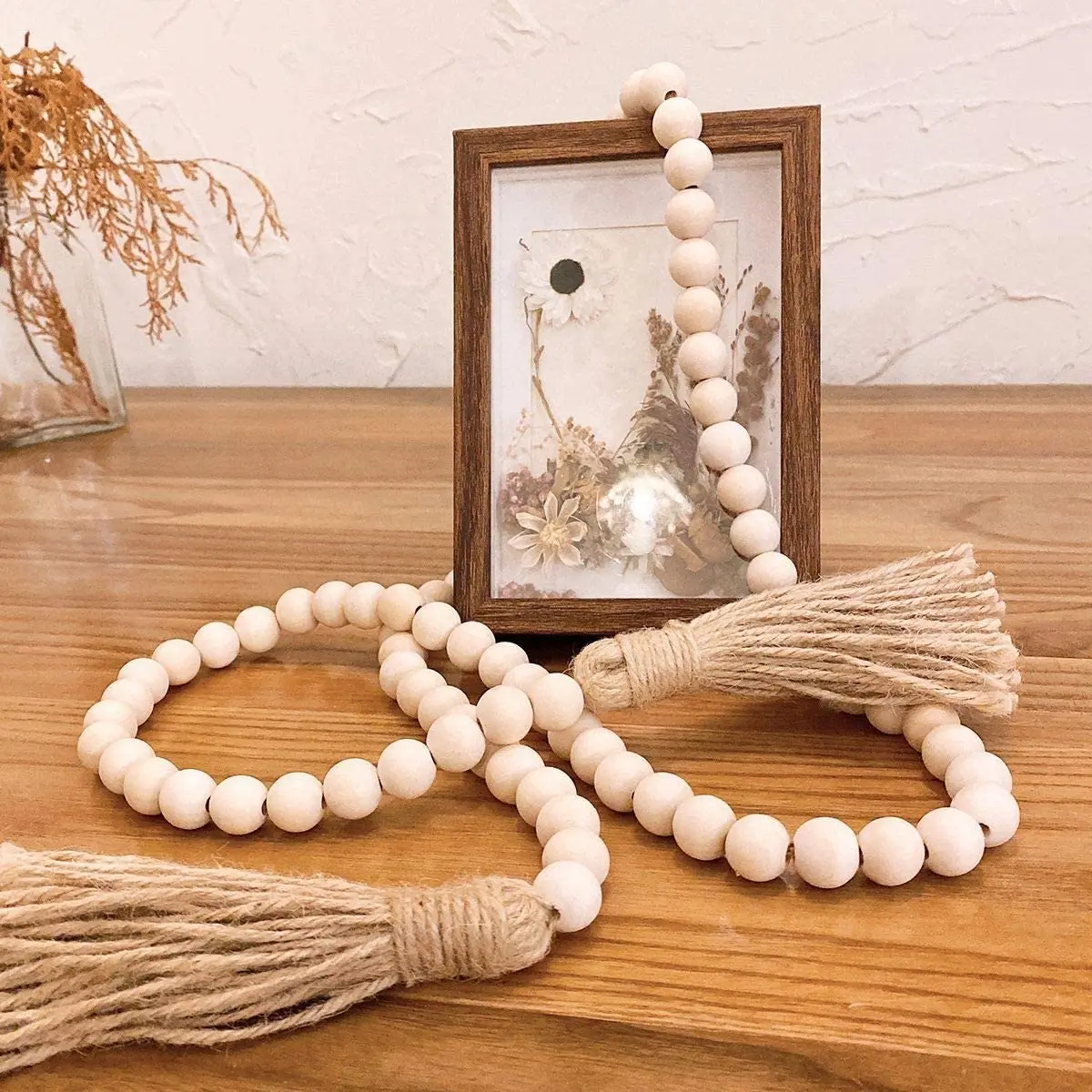 58in Wood Bead Garland with Tassels,Farmhouse Beads Rustic Country Decor Prayer Boho Beads Wall Hanging Decoration
