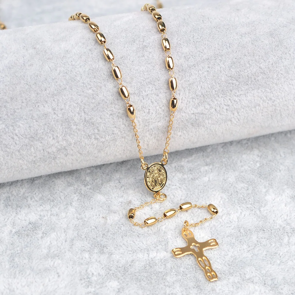 LineAve Women Gold Plated Stainless Steel Catholic Rosary Oval Beads Cross Necklace