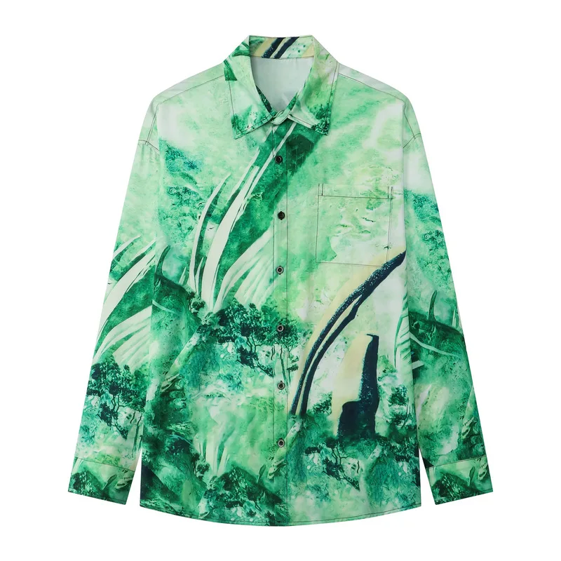 T-149 Casual resort style vintage stand collar shirt digital printing huguang green loose long sleeve cardigan men