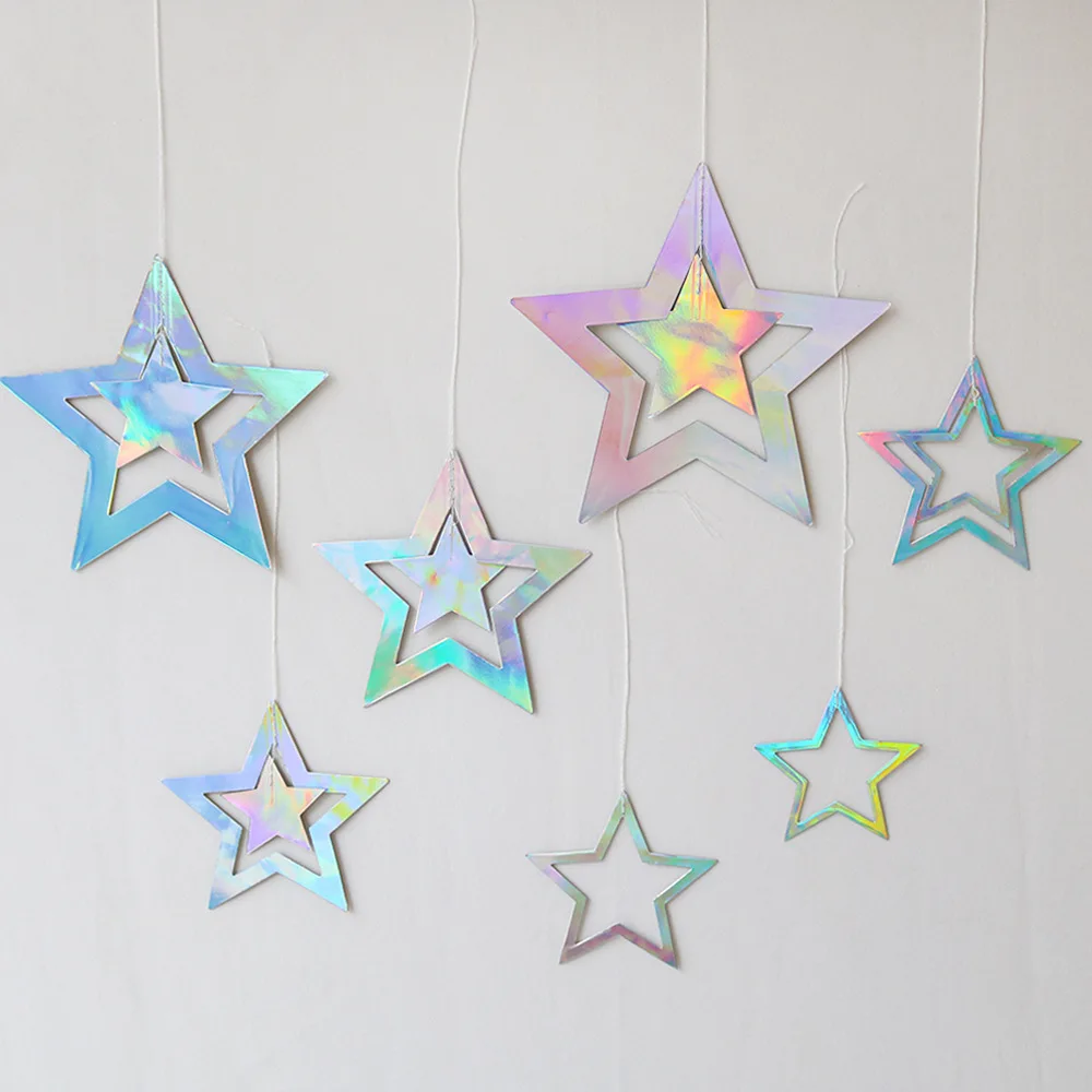 4m Iridescent Party Supplies Hanging Stars Garlands For Birthday Party Decor Silver Laser Paper Star Streamers For Baby Shower