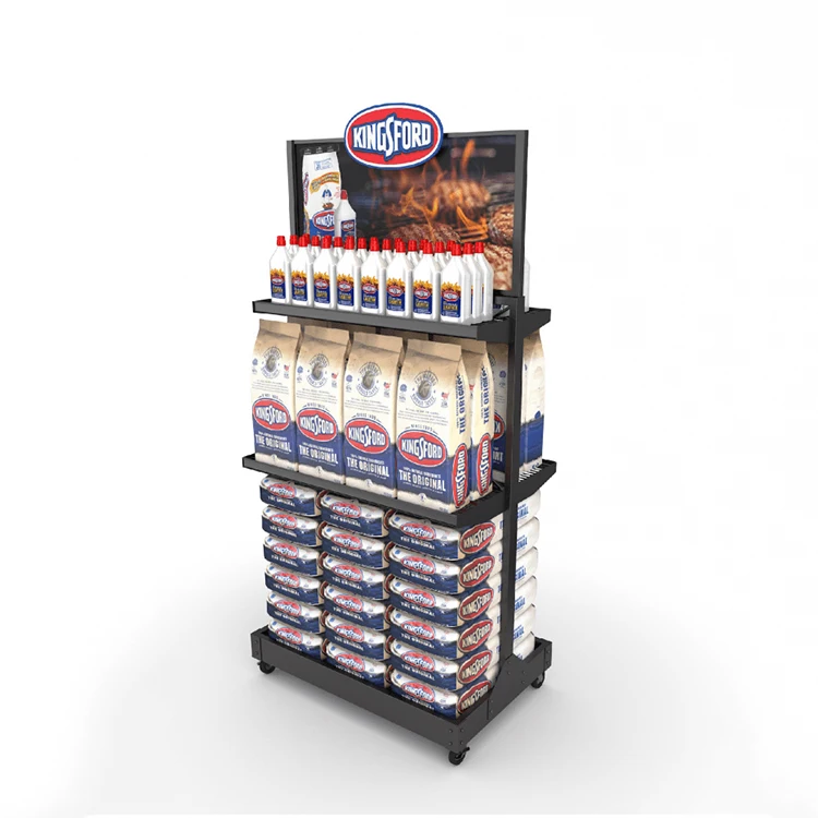 Customized Kingsford Retail Store Metal Display Stand With Storage Racks for Grilling Charcoal Briquette Pack
