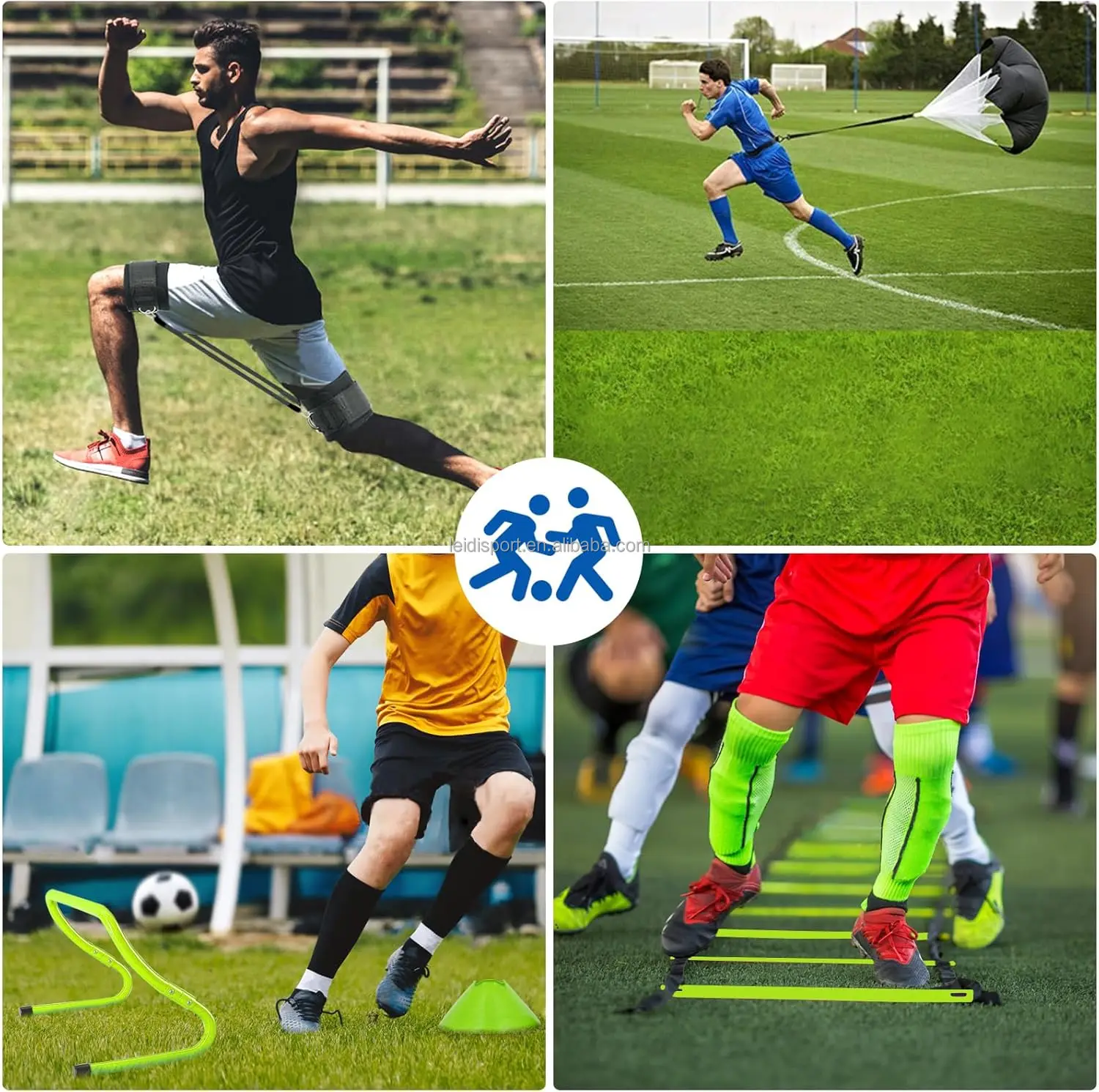 The agile training equipment includes a 20 foot agile ladder and four adjustable agile obstacle soccer cone parachutes,