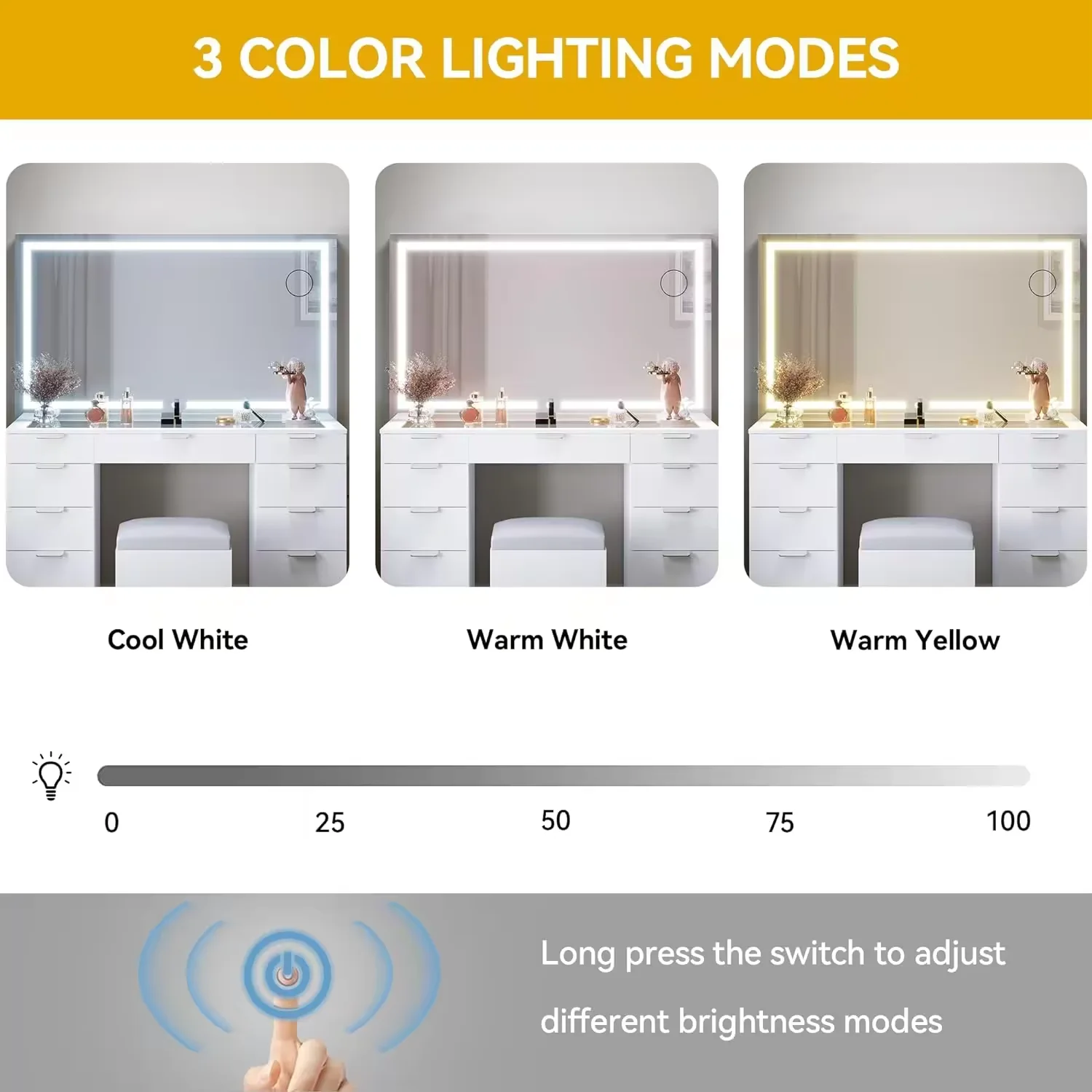 Vanity Desk Set with Large LED Lighted Mirror Power Outlet Glass Top Vanity with 11 Drawers and Magnifying Glass