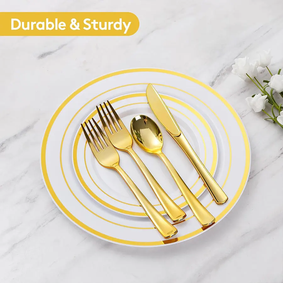 Elegant 150 Count Disposable Flatware Set Western Gold Cutlery for Parties and Weddings Plastic Dinnerware Sets