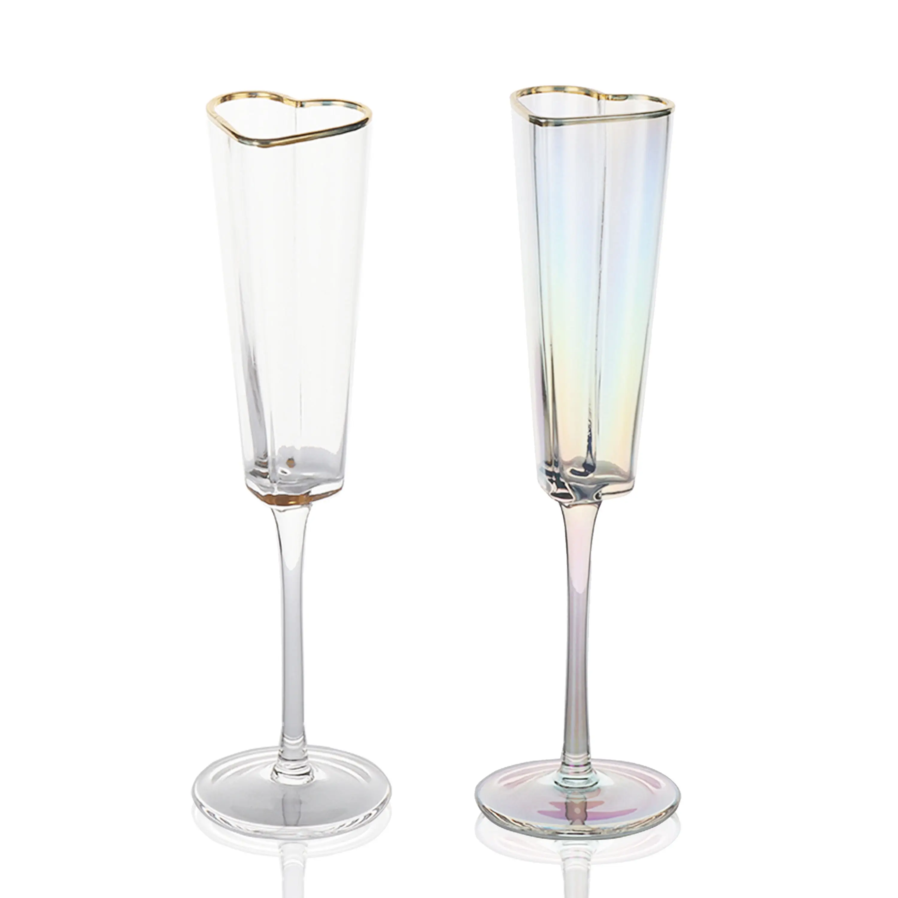 gold rim luster heart shape champagne flute glasses