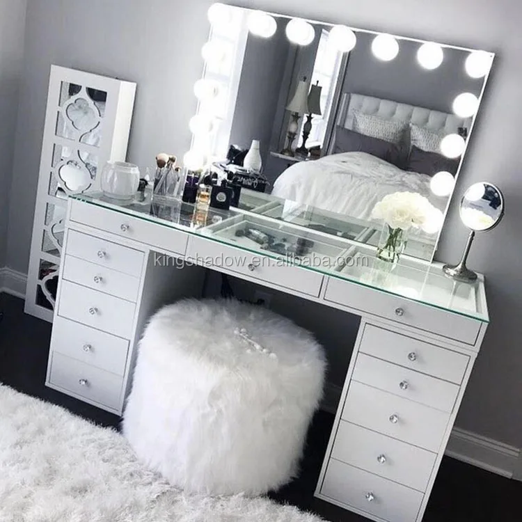 King Shadow White Makeup Mirror Stations Glass Vanity Table With Bulbs