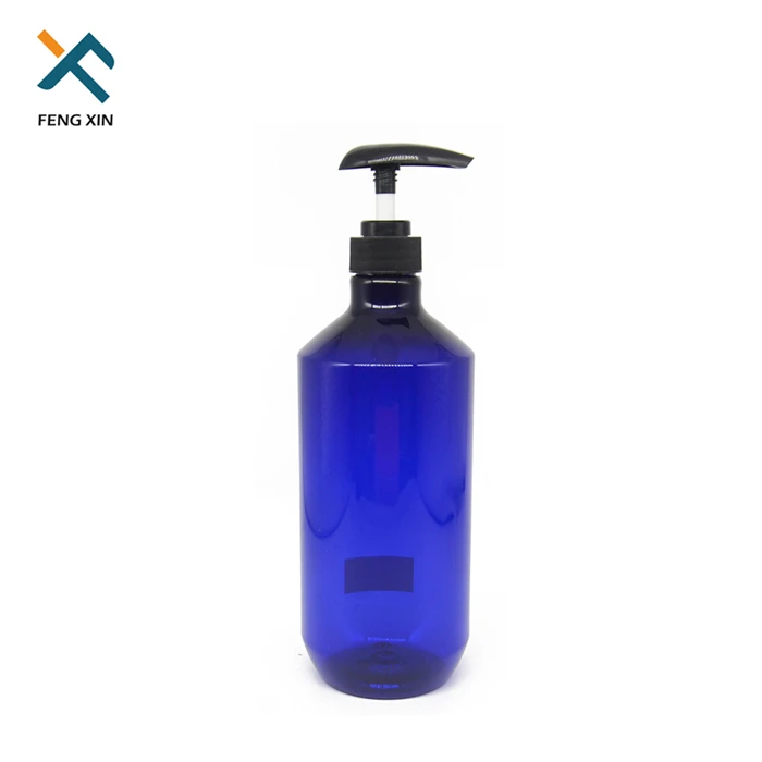 Daily use PET blue plastic shampoo bottle 1 liter empty round shower gel container for 1l